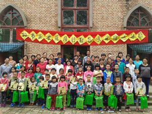 Kids in front of school with new shoes